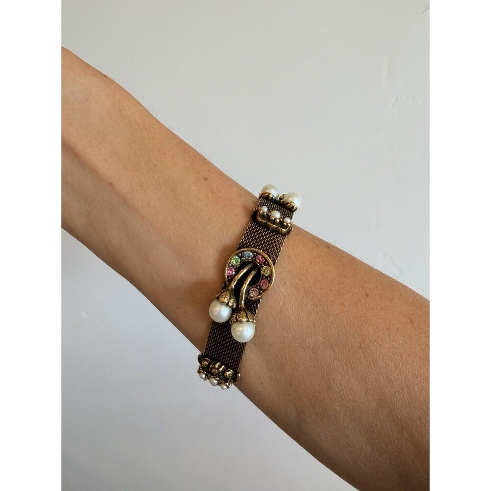 Vintage 1940s Multi-colored Diamante And Pearl Mesh Bracelet